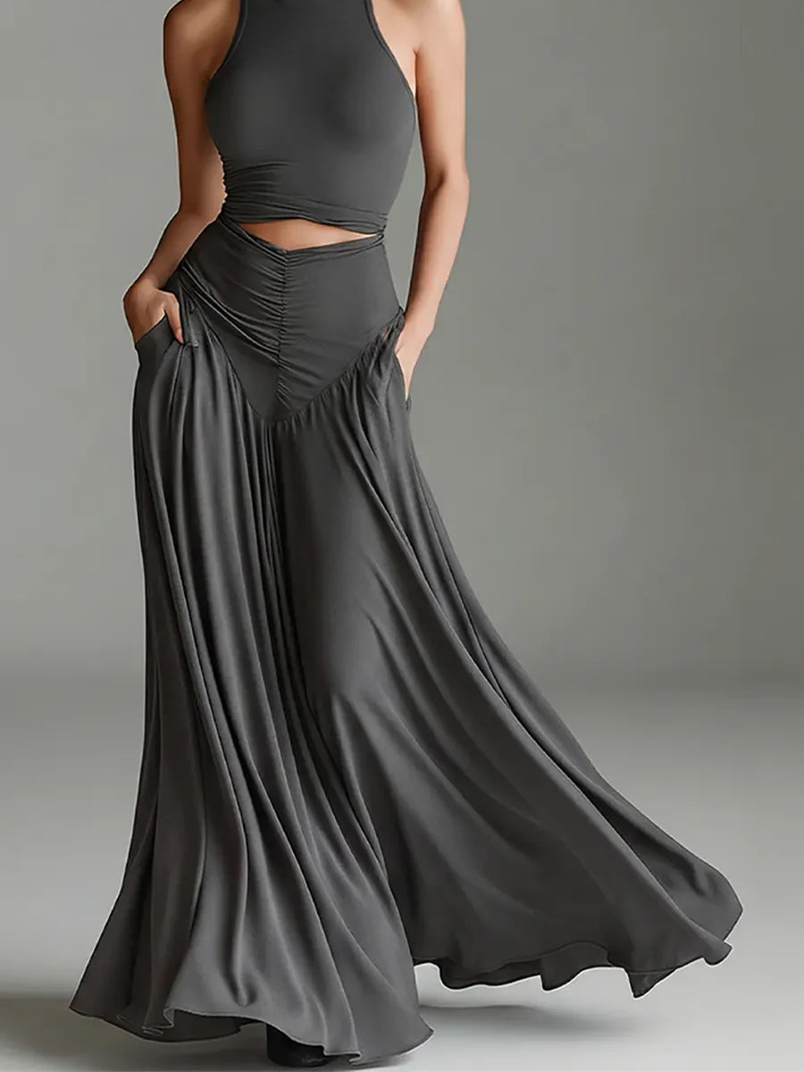 Women's Charcoal Gray Stretch Knit Dress With Turtleneck Halter & Cutout Waist, Timeless Minimalist Elegant Style Dress MDZ0960B2I