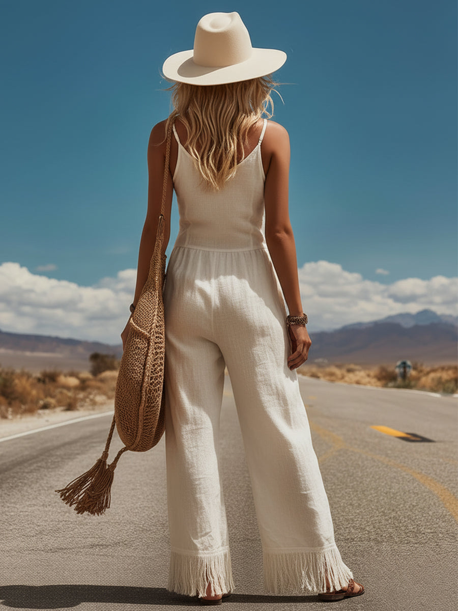 Western-Style Lace-Trimmed Off-White Tasseled Cotton-Linen Sleeveless Jumpsuit