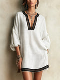 White Linen Mini Dress With Black Crochet Trim