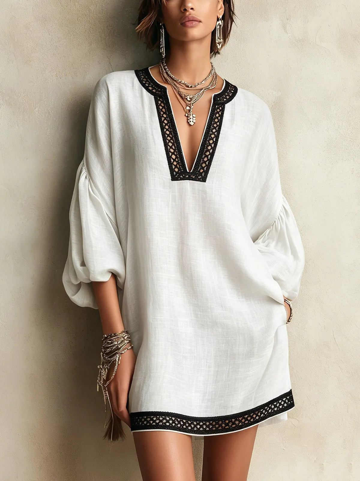 White Linen Mini Dress With Black Crochet Trim