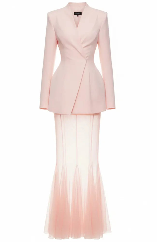 Long Sleeve Mesh Maxi Two Piece Dress Pink