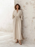 Women's Elegant Casual Off-White Cotton-Linen Drawstring Waist Stand-Collar Long-Sleeve Maxi Dress MDZ0979G6CMX