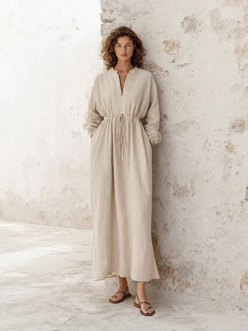 Women's Elegant Casual Off-White Cotton-Linen Drawstring Waist Stand-Collar Long-Sleeve Maxi Dress MDZ0979G6CMX