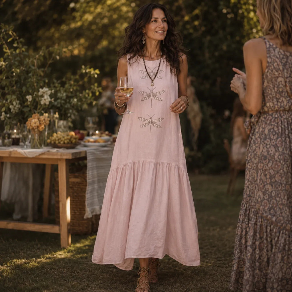 Solenne – Sleeveless Dragonfly Maxi Dress with Drop Waist