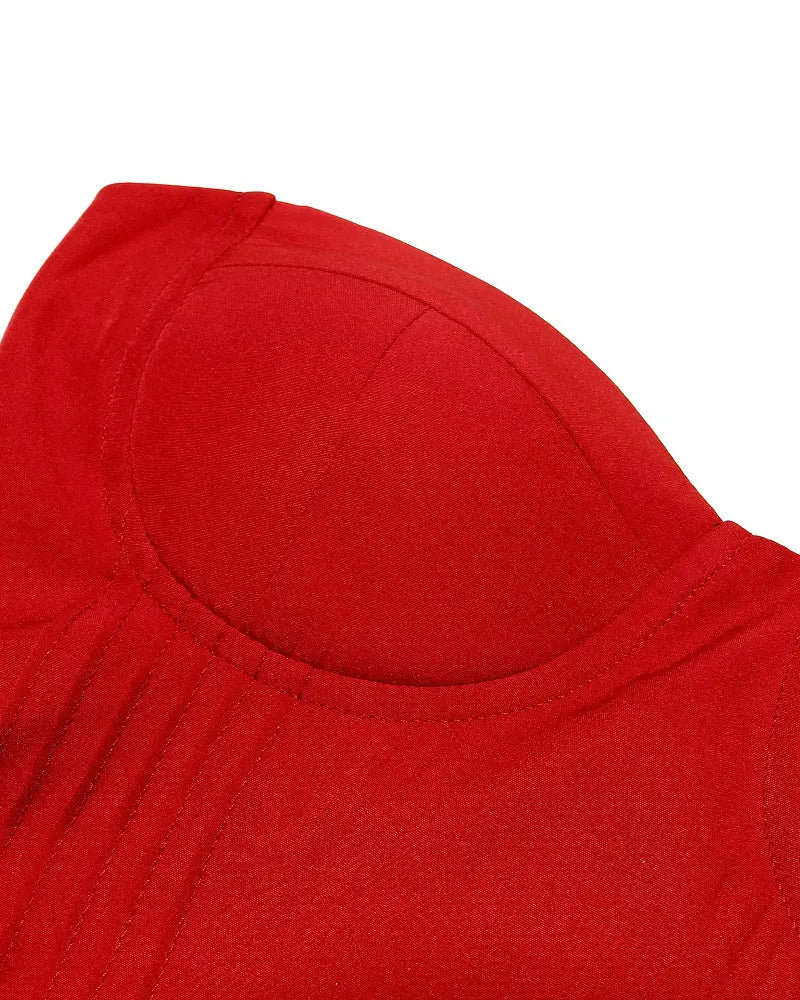 Strapless Bustier Midi A Line Dress Red