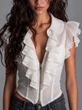 White Crinkled Cotton Ruffled Corset Blouse