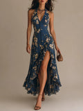 Vintage Halter-neck Printed Maxi Dress With A High Slit And Ruffled Hem