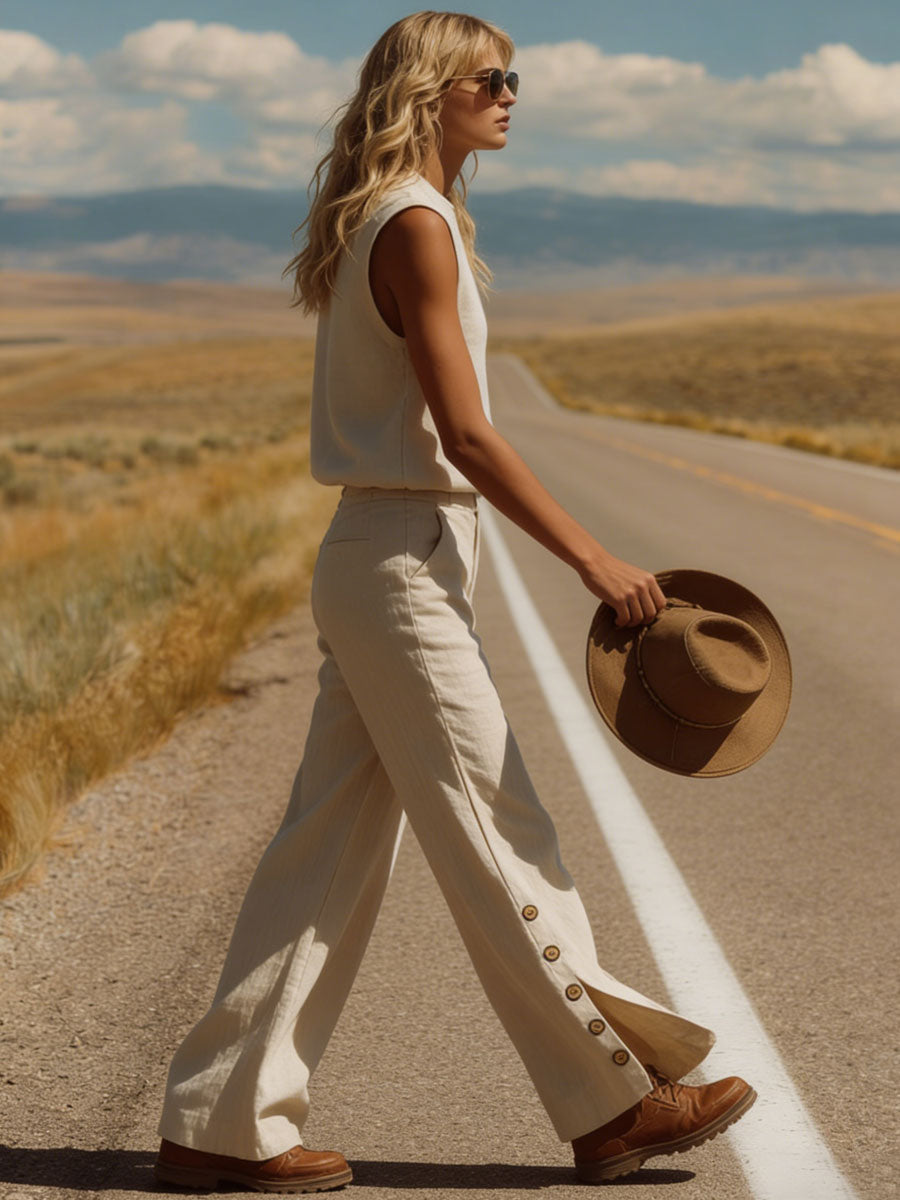 Western Bohemian Retro Apricot Cotton Linen Sleeveless Top And Slit Pants Set