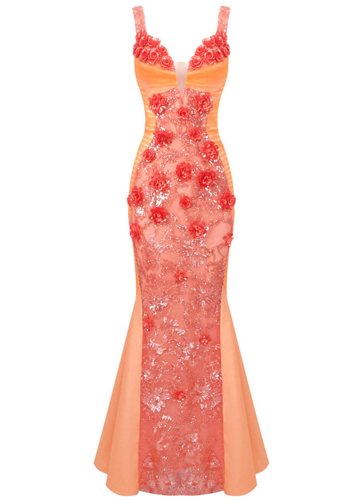 Floral Sequin Maxi Dress Orange