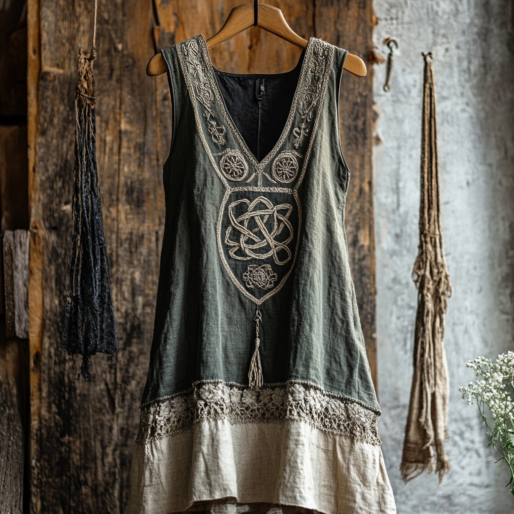 Tribal Celtic Embroidery Patchwork Tassel Art Linen Tank Dress