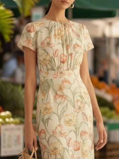 Maxi Cotton Dress, Short Sleeves, Round Neck, Floral, Vintage, Off White