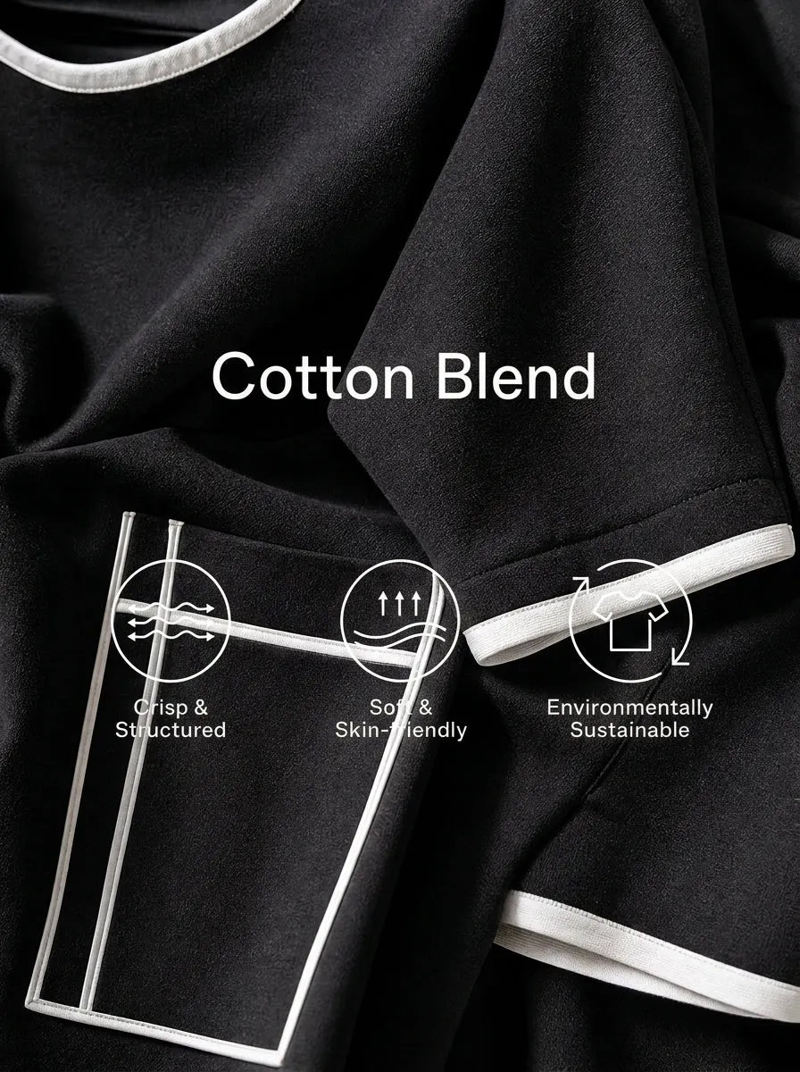 Women's Luxury Commuter Black Cotton Blend Contrast Stitch Patch Pocket 3/4 Sleeve Midi Dress MDZ1060G4GMJ
