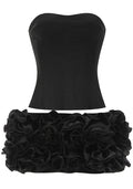 Strapless Corset Floral Ruffle Two Piece Dress Black
