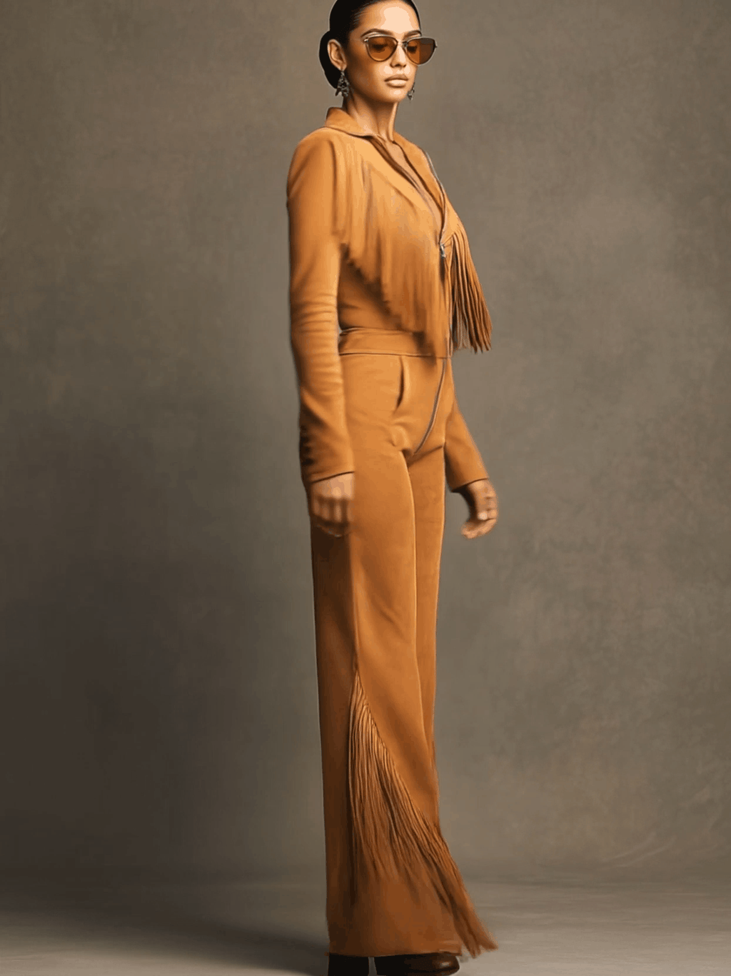 Western Retro Light Brown Faux Suede Zipper Tassel Long-Sleeved Jumpsuit