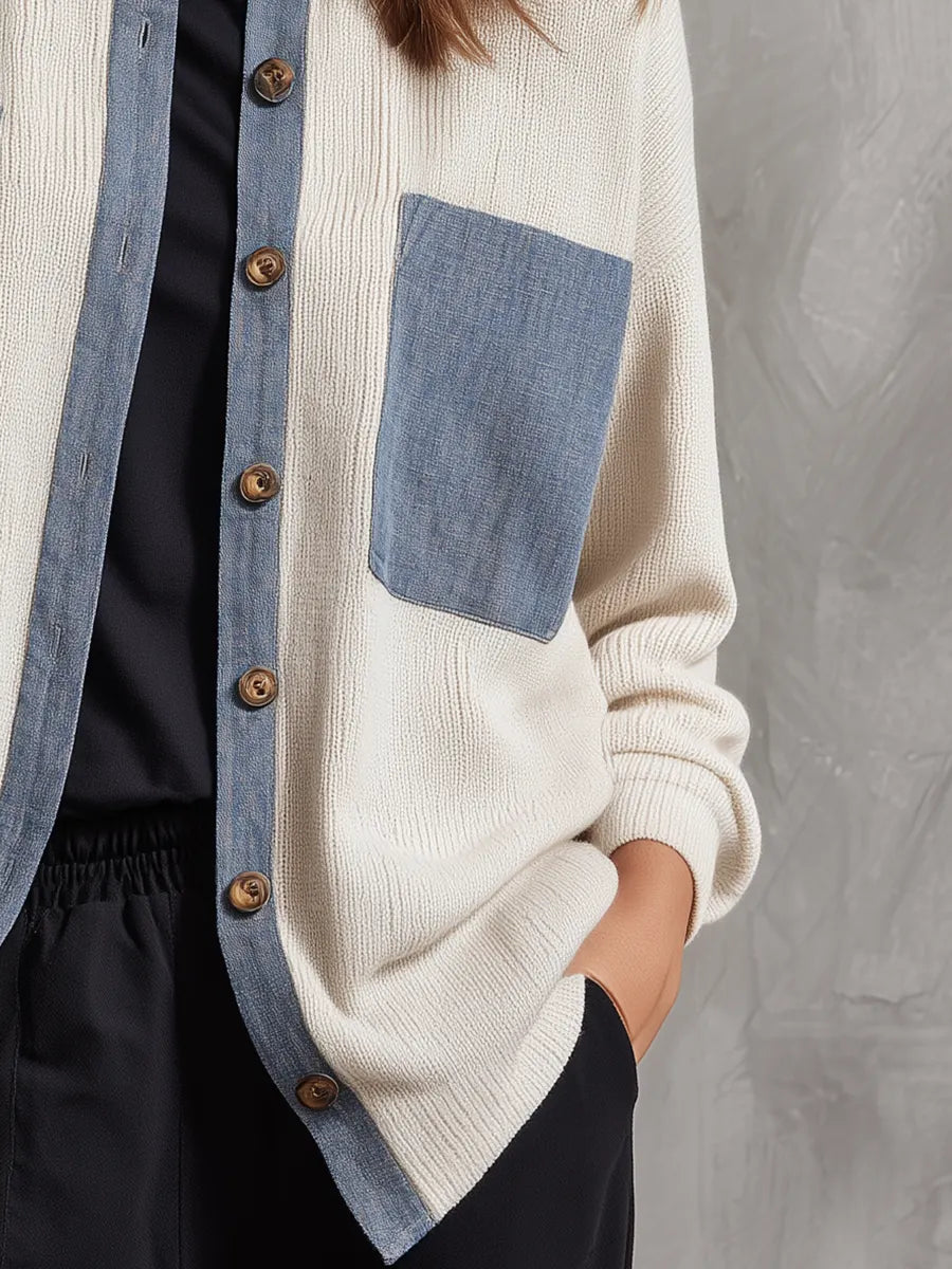 Classic Ivory Colorblock Knit Cardigan