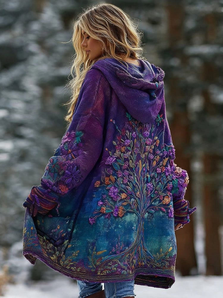 Women's Tree Of Life Floral Gradient Cozy Pocket Hooded Cardigan