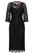 Crystal Neckline Lace Midi Dress Black