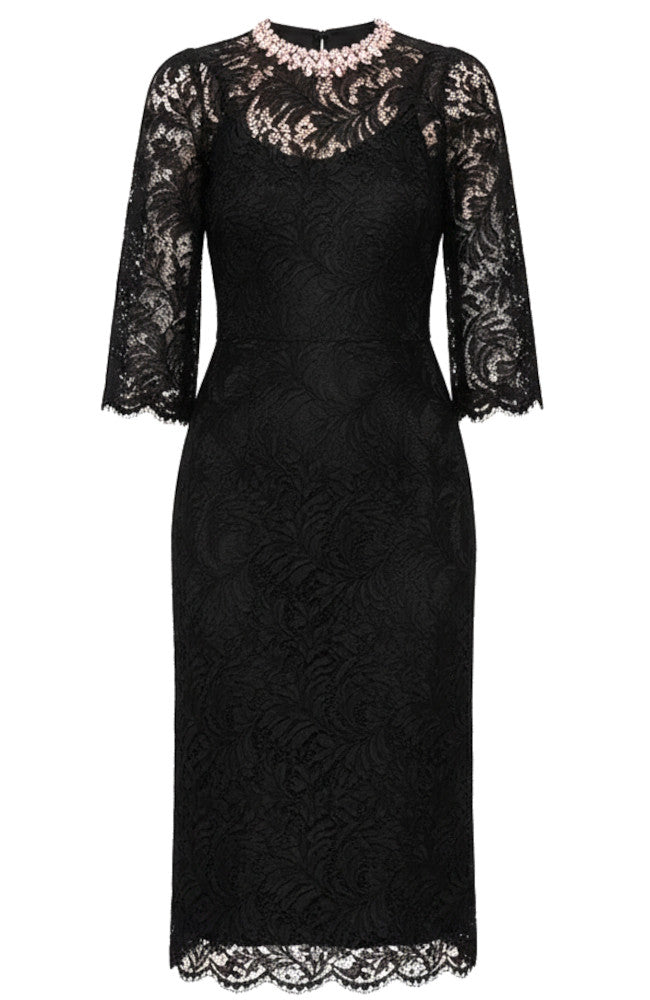 Crystal Neckline Lace Midi Dress Black