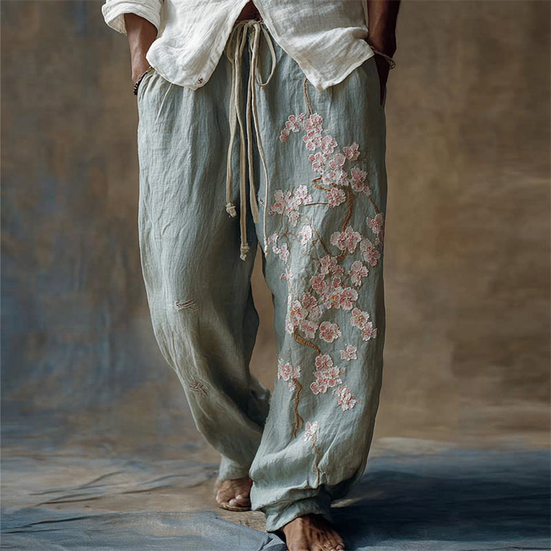 Men's Vintage Cherry Blossom Wide Leg Linen Pants
