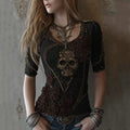 Women's Vintage Skull And Rose Lace Art V-neck Short Sleeve Top