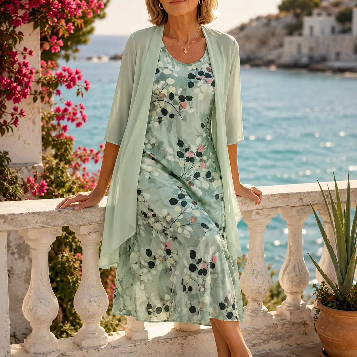 Marisella – Floral Midi Dress with Sheer Cardigan 2-Piece Set