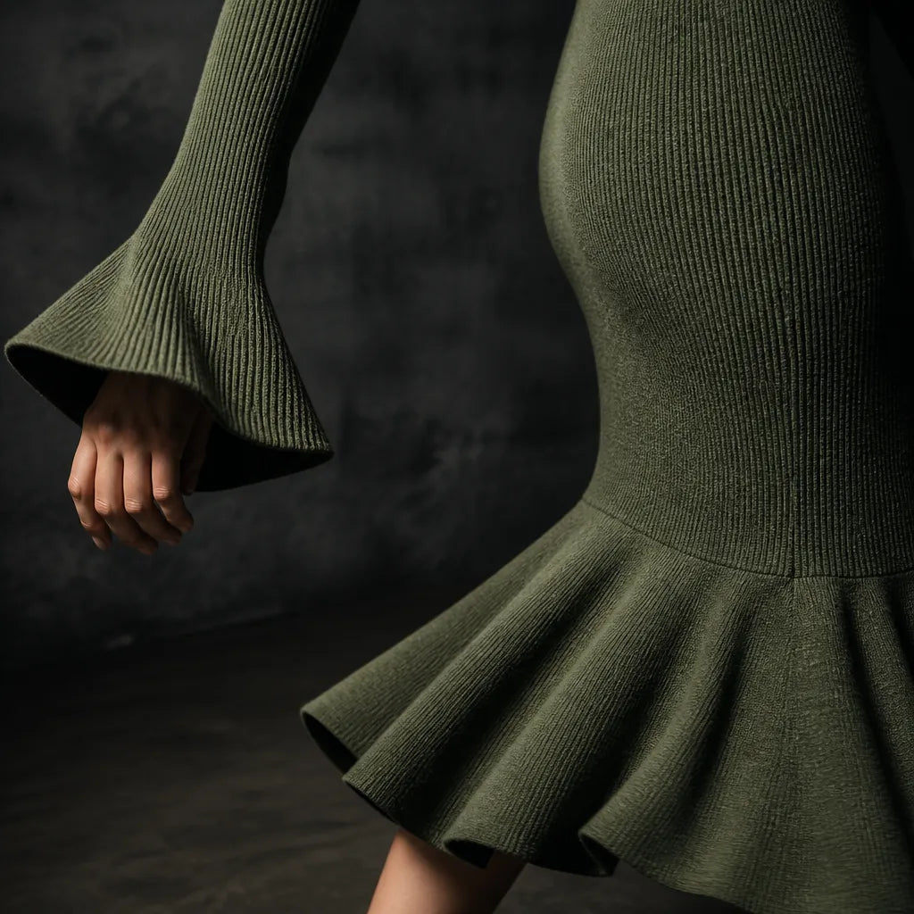 Selara – Ribbed Fishtail Knit Midi Dress with Half-Zip Collar