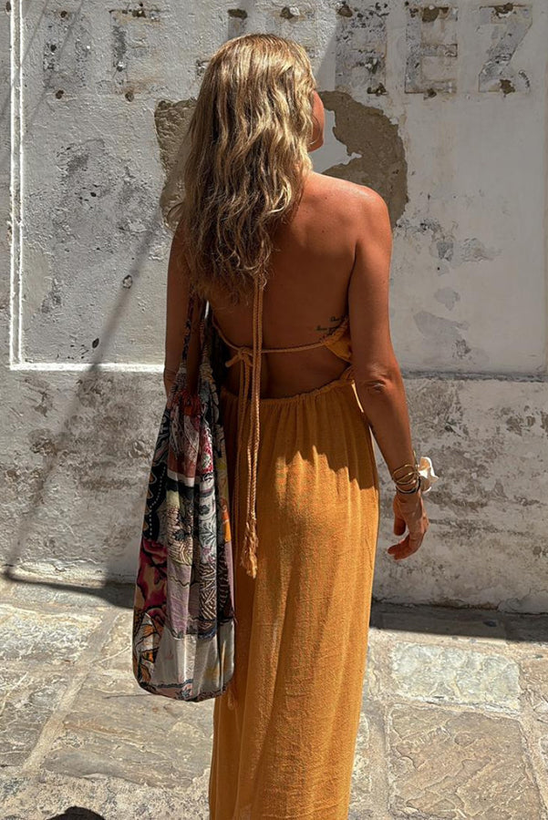 Linen Blend Elastic Waist Halter Backless Pocket Slit Midi Dress