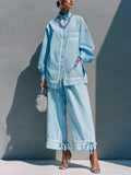 Women's Casual Vacation Light Blue Cotton Blend Contrast Binding Strap Cropped Wide Leg Pants Two Piece Set MDZ0928G6GMJ