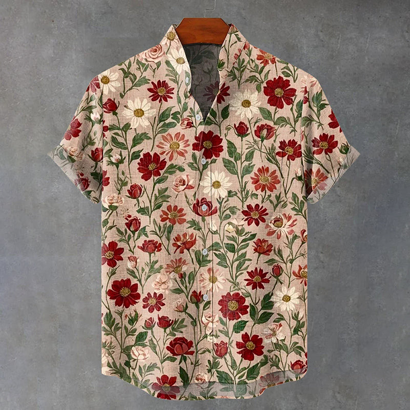Men's Japanese-style Floral Print Short-sleeved Shirt