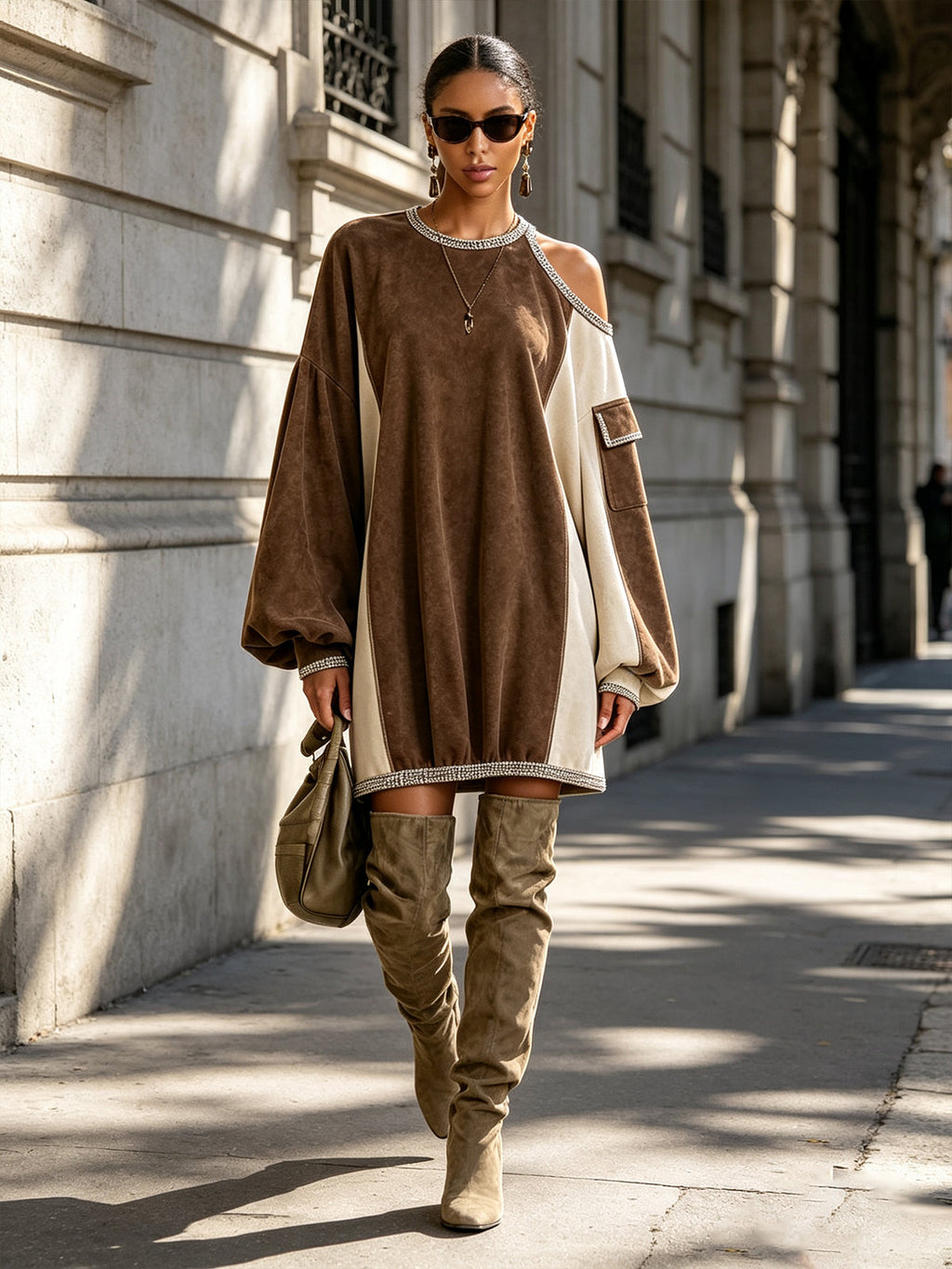 Brown Faux Suede One-Shoulder Trim Mini Dress