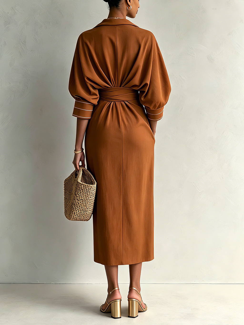 Rust Brown Draped V-Neck Midi Dress