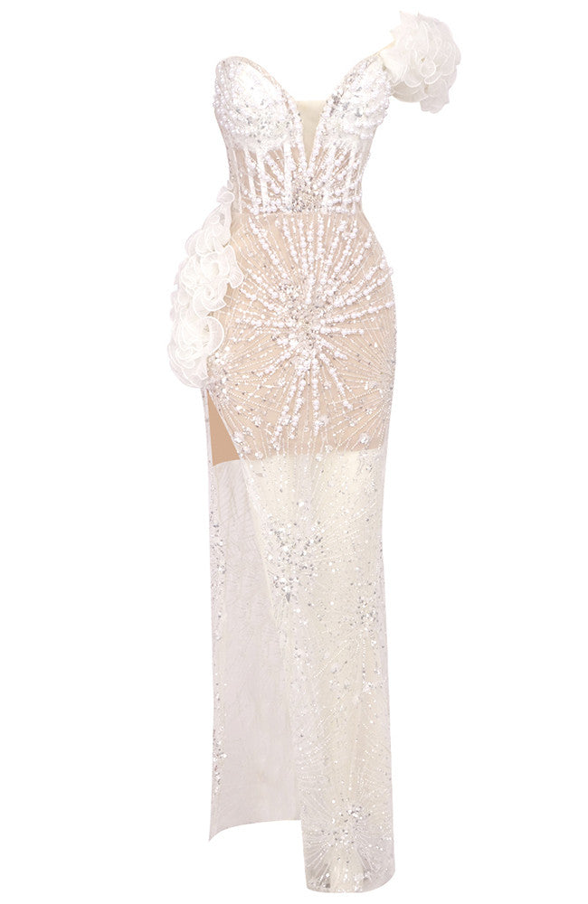 Ruffle Bardot Embellished Maxi Dress White