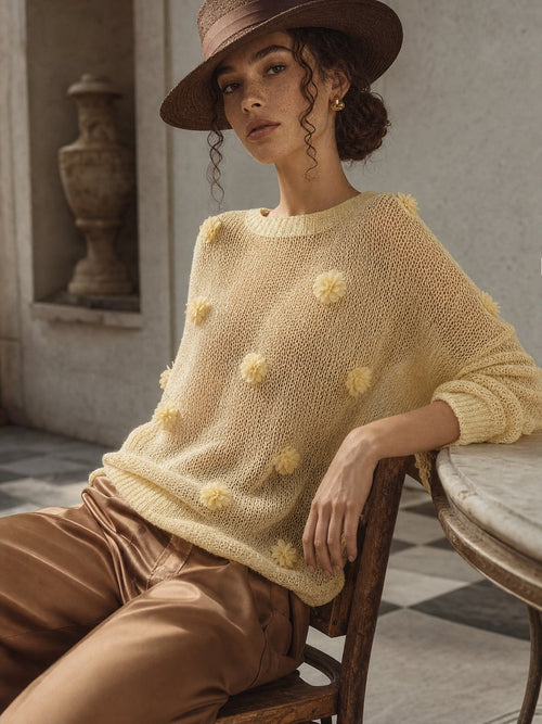 Yellow Lightweight Loose Knit 3D Floral Sweater