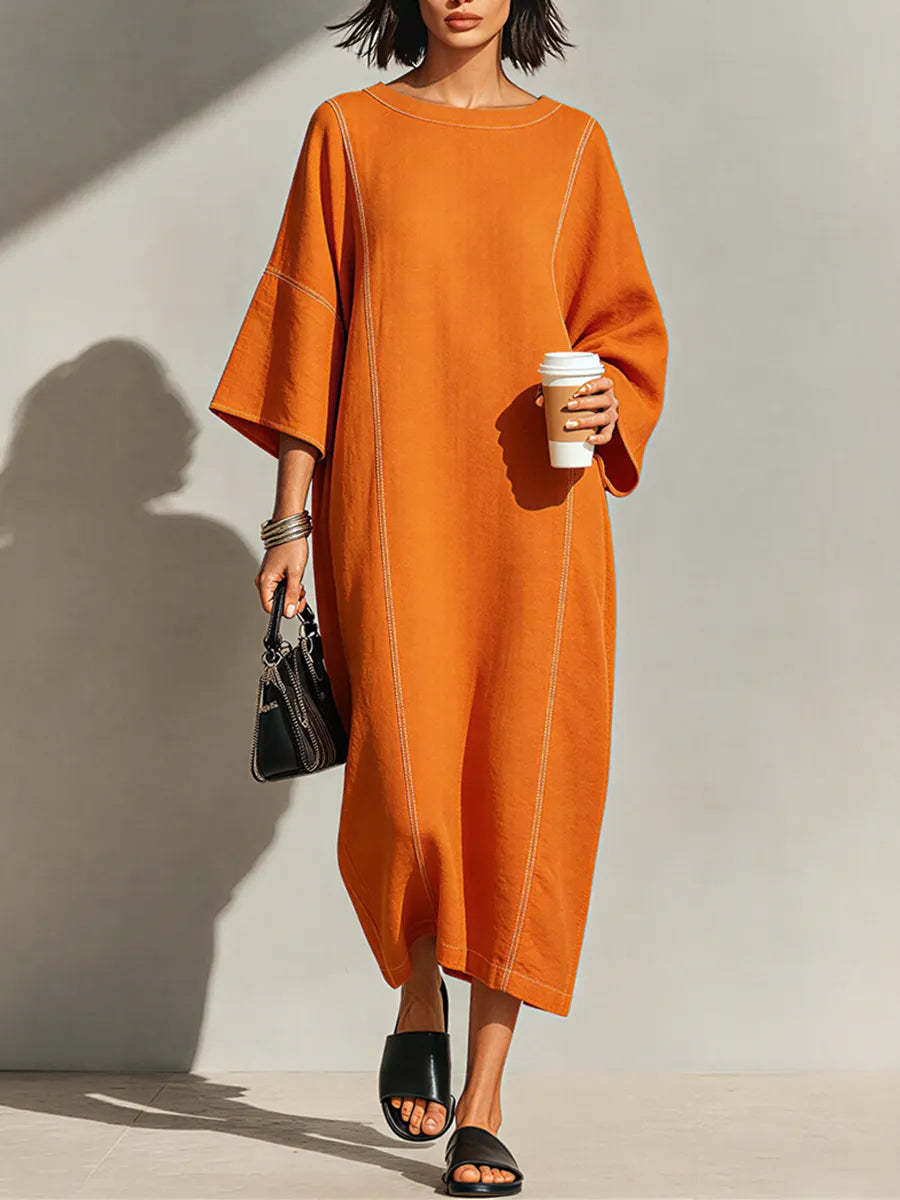 Women's Burnt Orange Linen Blend Maxi Dress With Contrast White Topstitch Seams & Dolman Three Quarter Sleeves, Minimalist Loose Loungewear Maxi Dress MDZ3035F1LYL