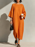 Women's Burnt Orange Linen Blend Maxi Dress With Contrast White Topstitch Seams & Dolman Three Quarter Sleeves, Minimalist Loose Loungewear Maxi Dress MDZ3035F1LYL