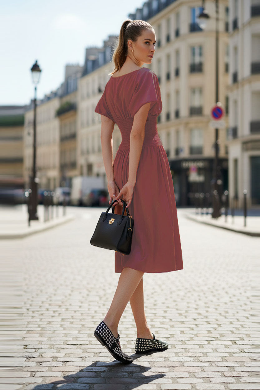 WAIST SMOCKED MIDI DRESS