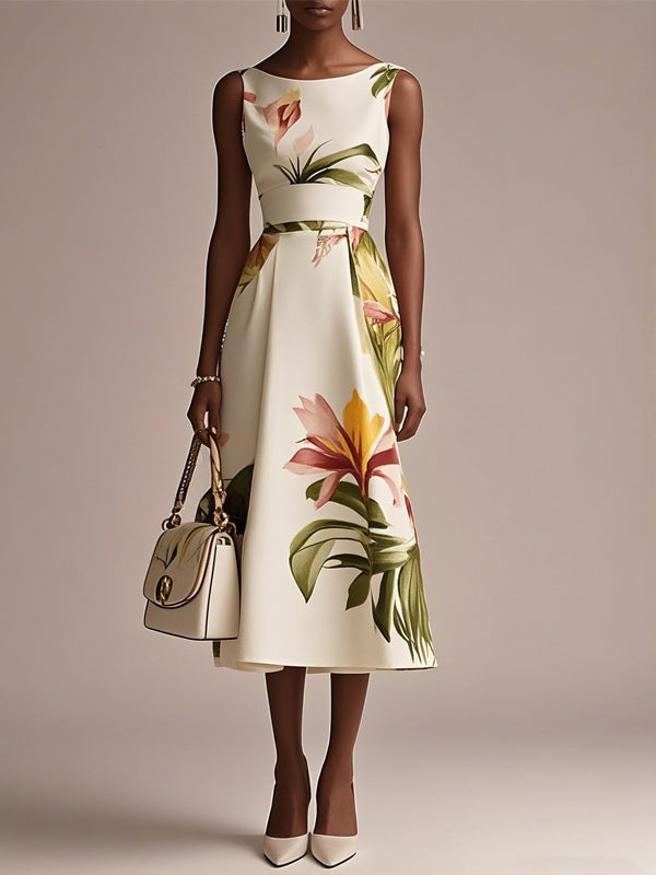Round Neck Sleeveless Print Midi Dress