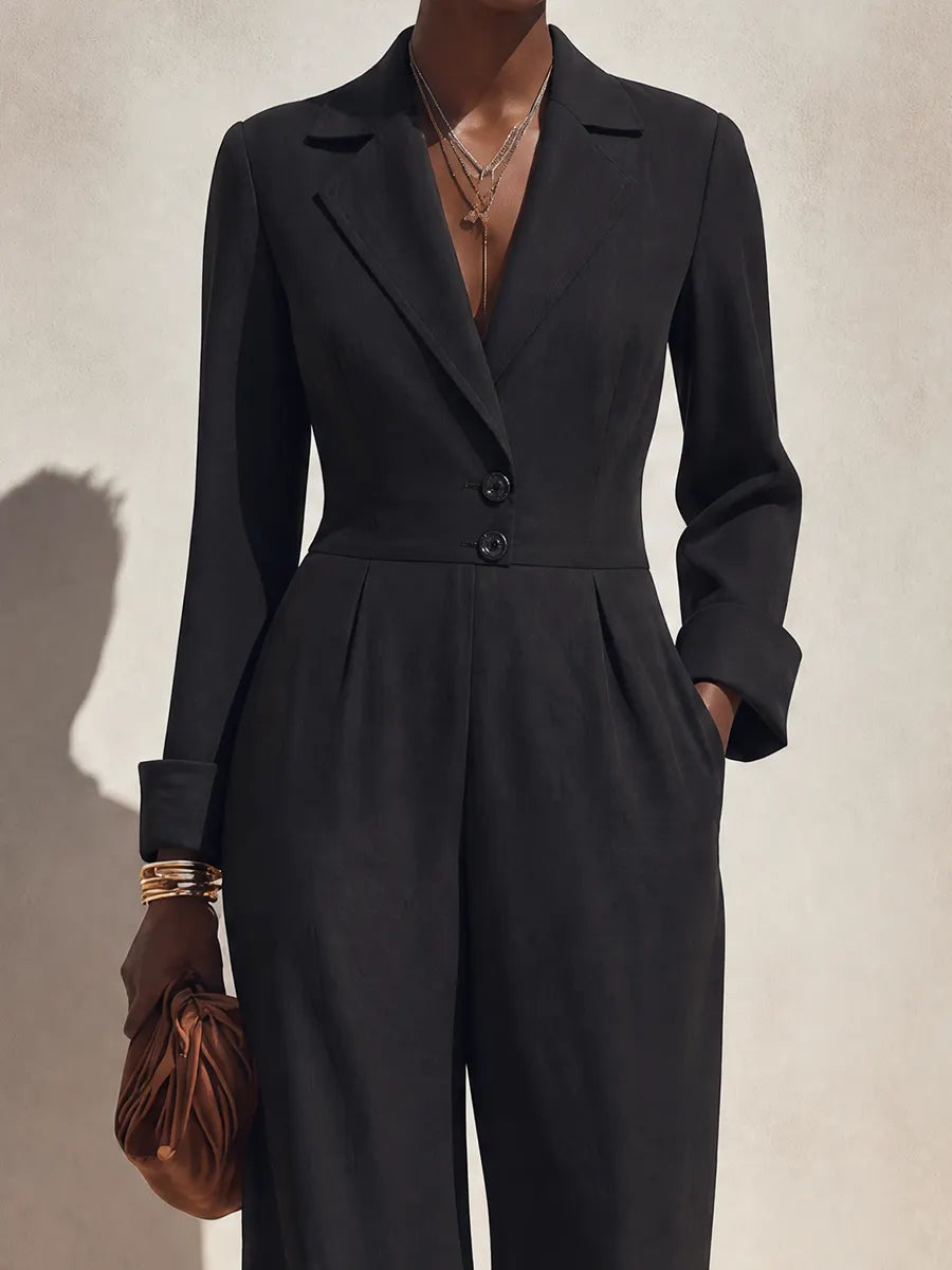 Women's Minimalist Long-Sleeve Wide-Leg Jumpsuit With Notch Lapel And Lace-Trimmed Hems MDZ0665G7ZRK