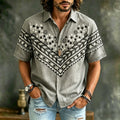 Men's Vintage Floral Embroidered Art Print Flowy Linen Blend Casual Short Sleeve Shirt