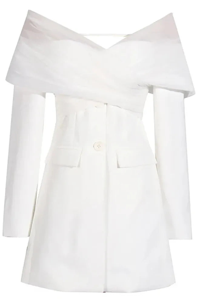 Long Sleeve Mesh Bardot Blazer Dress White
