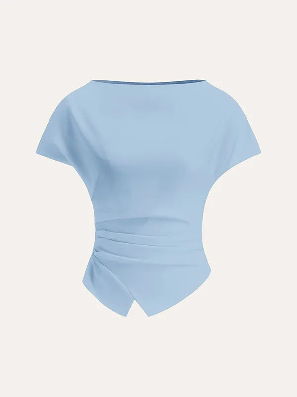 Loose Raglan Sleeve Asymmetric Pleated Solid Color Split-Joint Round-Neck T-Shirts