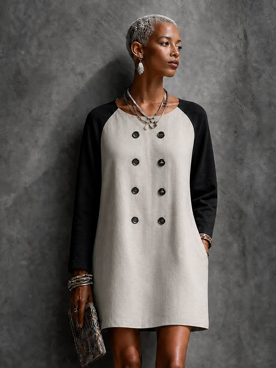 Women's Retro Linen Off White Spliced Black Cotton Blend Linen Raglan Double Breasted Mini Dress MDZ1087G5GMJ