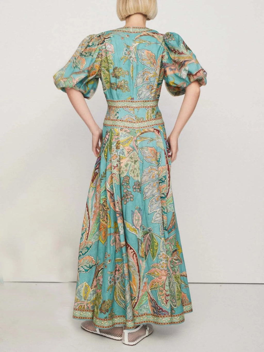 Unique Satin Vintage Floral Print Puff Sleeve Midi Dress