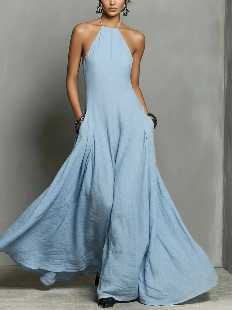 Black Minimalist Faux Linen Blend Backless Halter Neck Sleeveless Maxi Dress