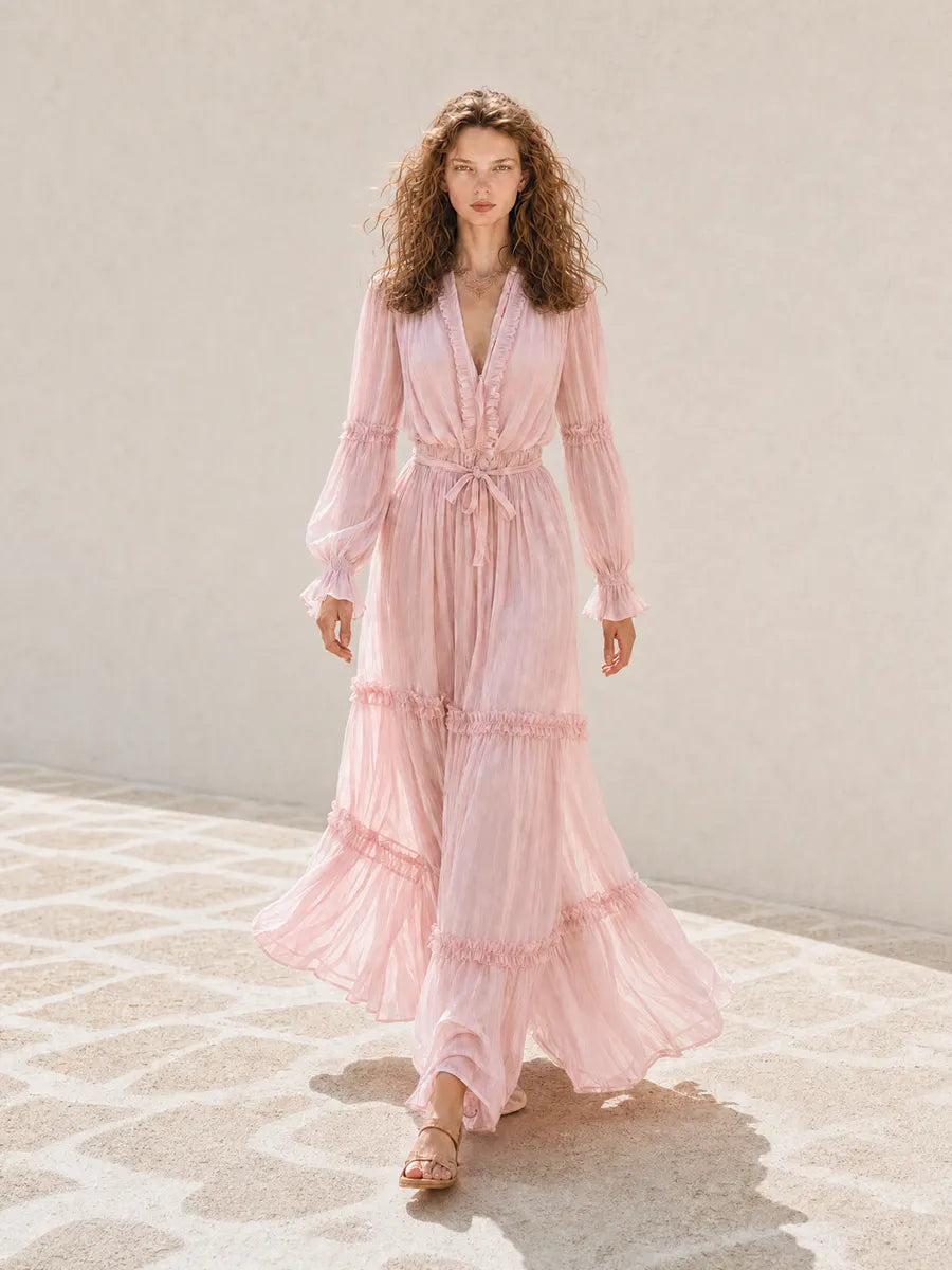 Women's Resort-Style Pink V-Neck Bishop-Sleeve Belted Ruffle-Tiered Cinched-Waist Chiffon Maxi Dress MDZ1649G2CMX