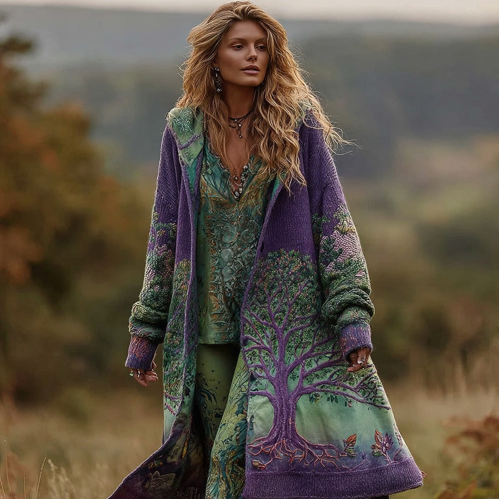 Women's Viking Celtic Knot Tree Of Life Knitted Long Hooded Cardigan