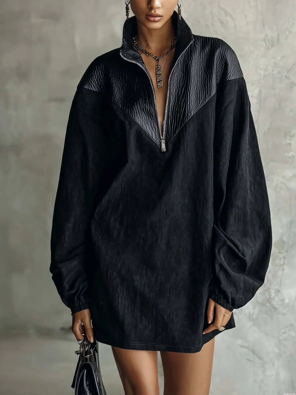 Black PU Patchwork Quarter Zip Mini Dress With Oversized Sleeves
