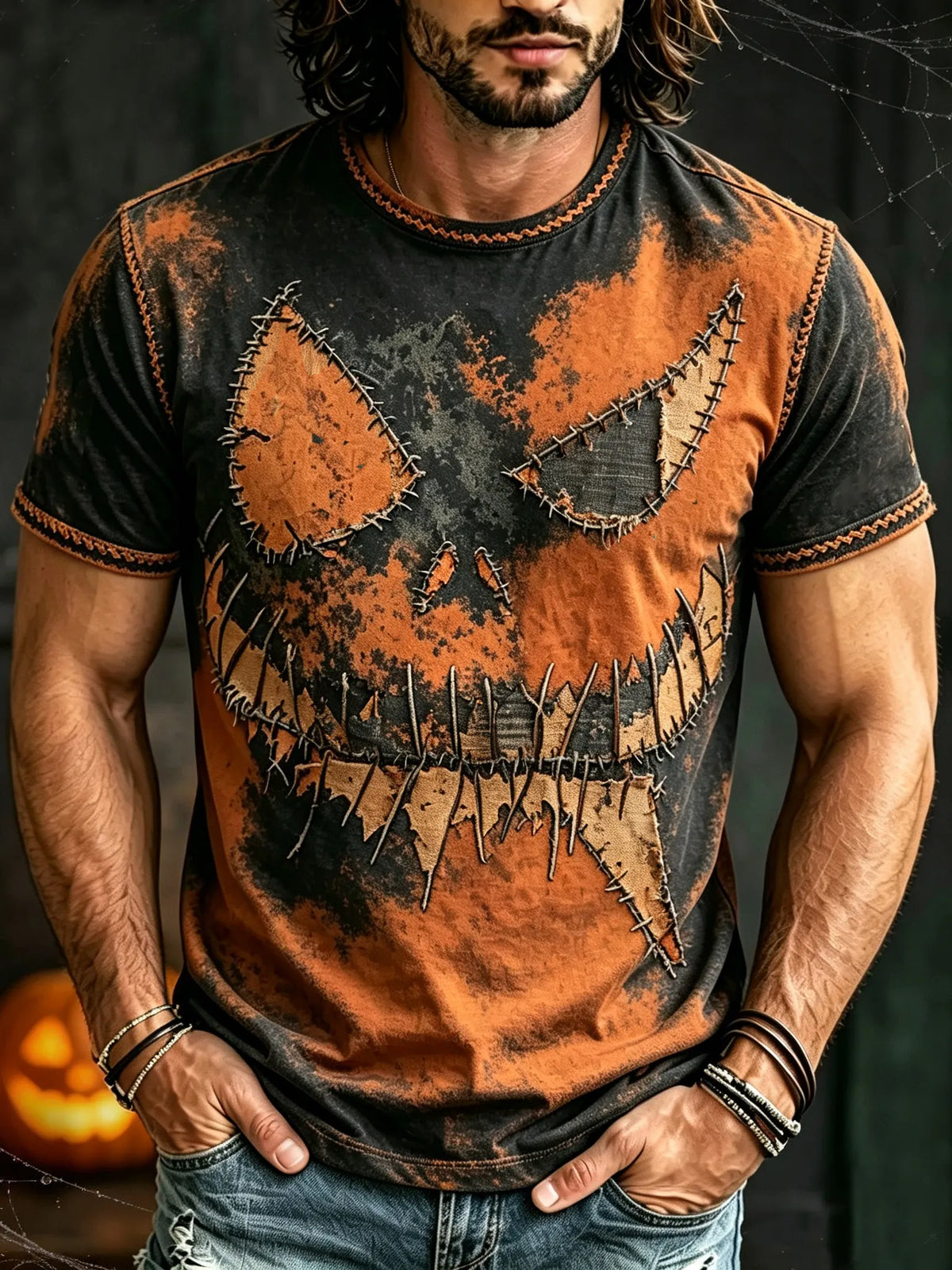 Men's Halloween Scared Pumpkin Face Artistic Pattern Casual T-shirt