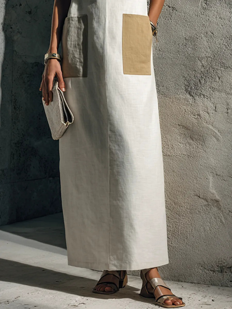 Women's Minimalist Style Off-White Linen Cotton Square Neck Short Sleeve Patch Pocket Maxi Dress MDZ3055F9GMJ