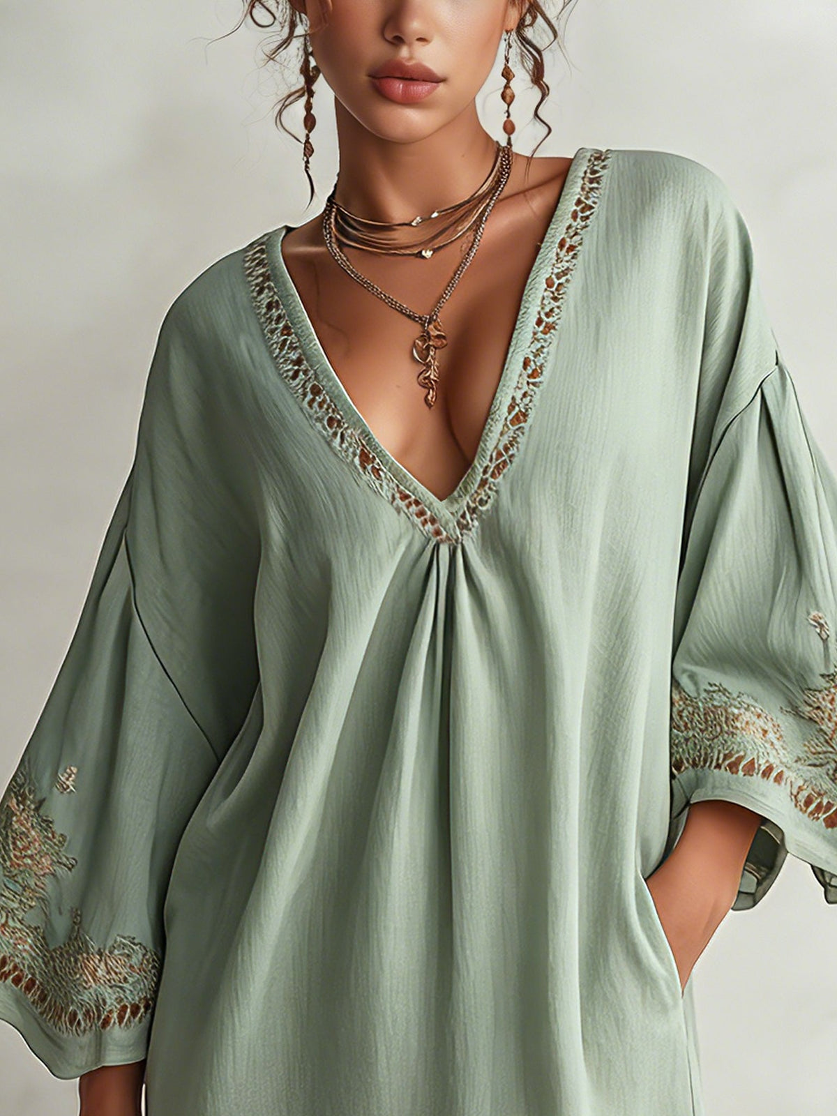 Green Cotton Linen Embroidered Mini Dress